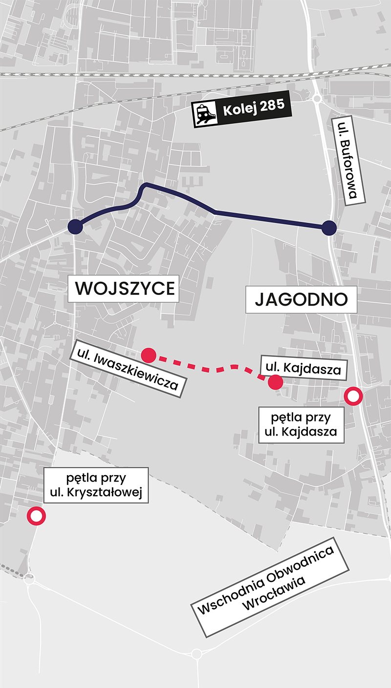 Mapa pokazuje dwa łączniki wschód-zachód: Ciemną ciągłą linią zaznaczony jest istniejący biegnący ulicami Parafialną, Asfaltową i Lutosławskiego. Czerwoną przerywaną ten, który ma powstać. Połączy on ul. Iwaszkiewicza z Kajdasza