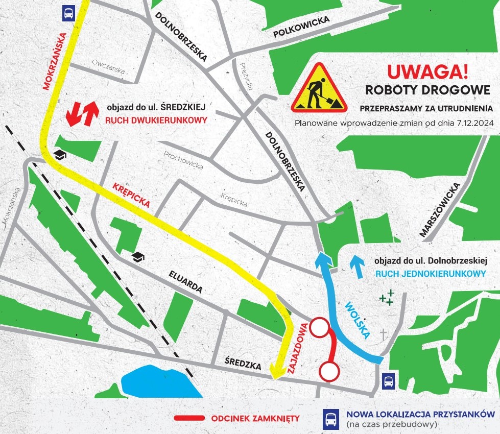 Mapa przedstawia objazd wynikający z remontu ul. Dolnobrzeskiej