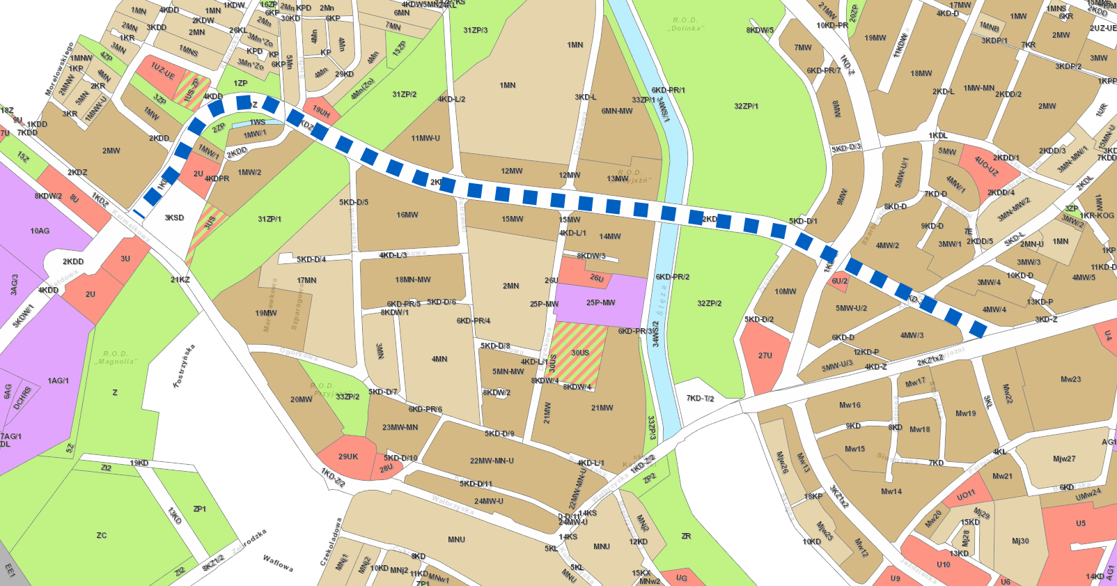 Plan miasta z naniesionymi miejscowymi planami zagospodarowania przestrzennego. Pod komunikację zbiorową zaplanowany jest korytarz biegnący od Przyjaźni do Kupieckiej - zaznaczony niebieskimi kropkami