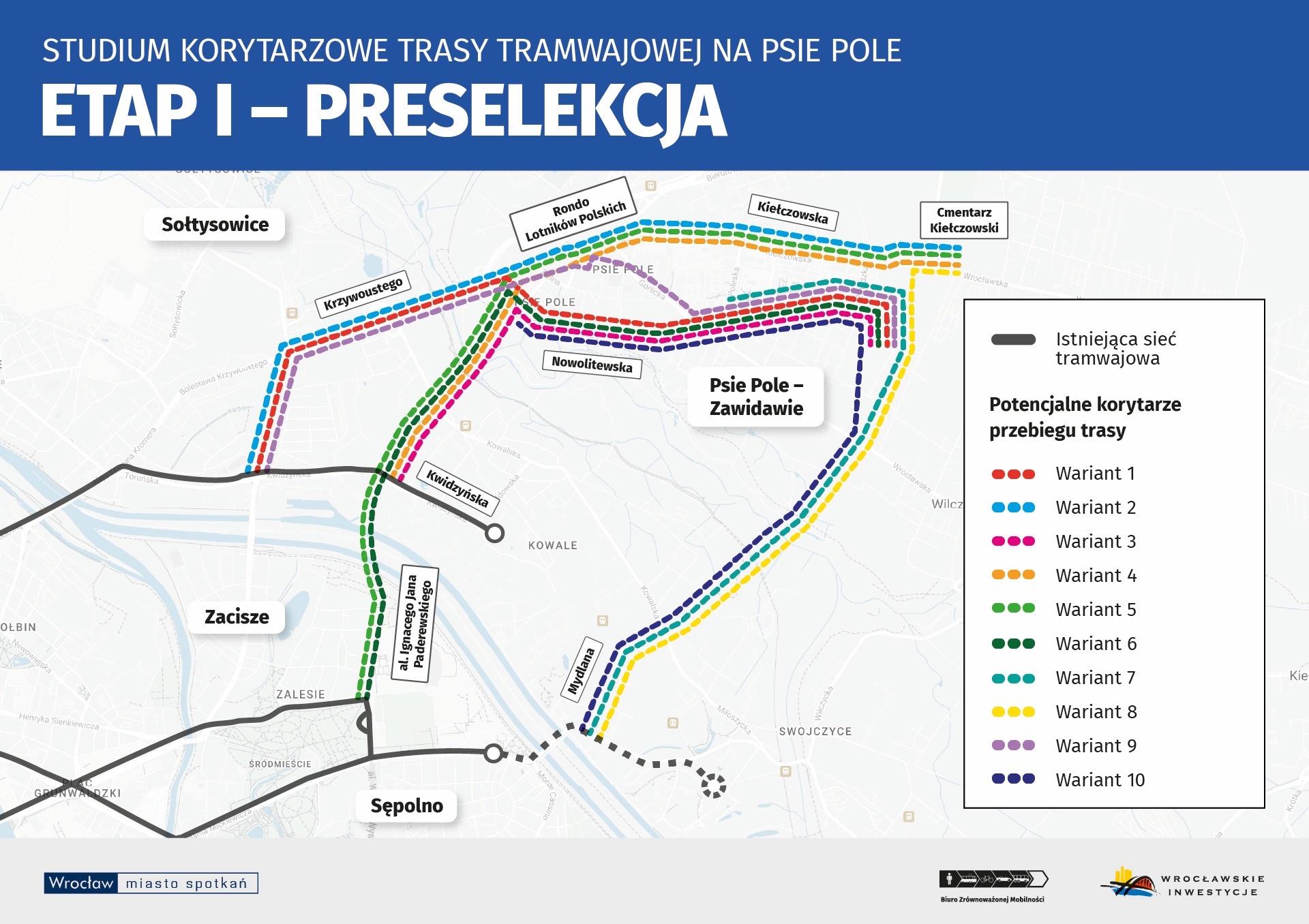 <p>Mapa przedstawia 10 wariant&oacute;w trasy tramwaju na Psie Pole, kt&oacute;re były początkowo rozpatrywane. Ostatecznie wybrane zostały dwa najbardziej optymalne&nbsp;</p>