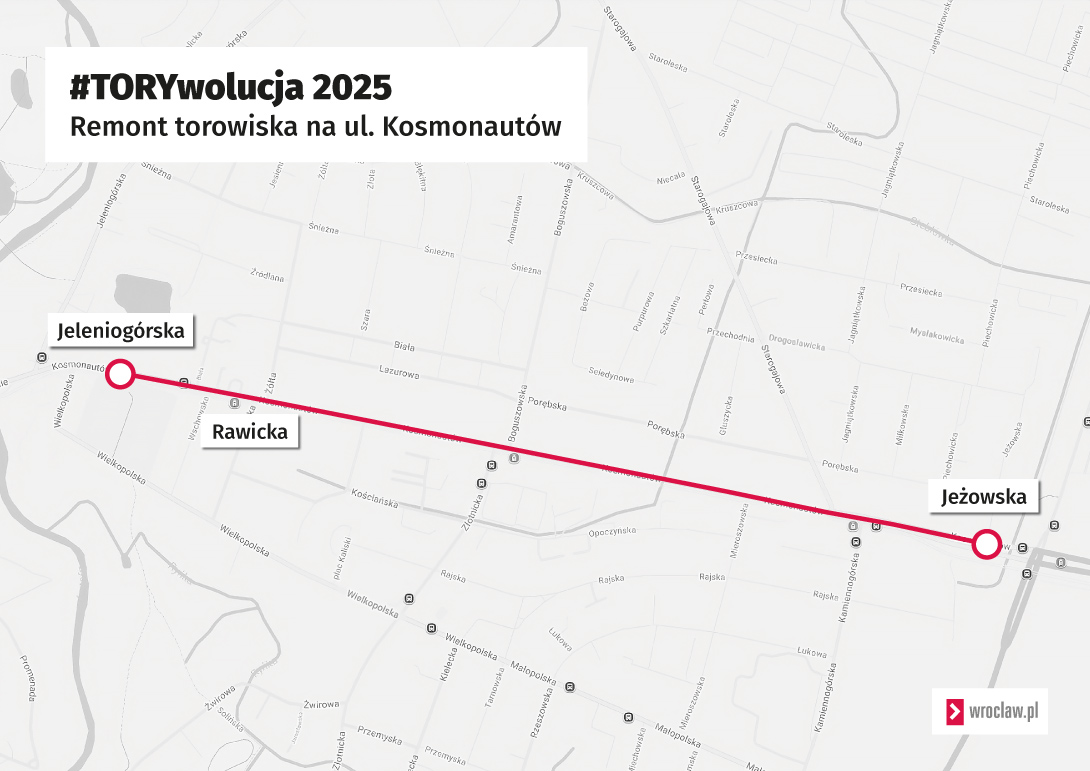 Mapa przedstawia odcinek torowiska na ul. Kosmonautów, który będzie remontowany: od ul. Jeżowskiej do przystanku "Jeleniogórska"