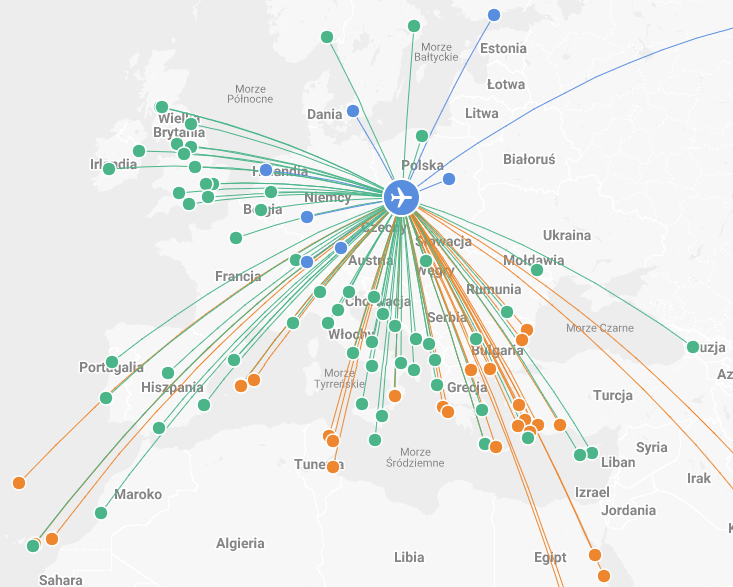 Mapa z siatką połączeń z wrocławskiego lotniska