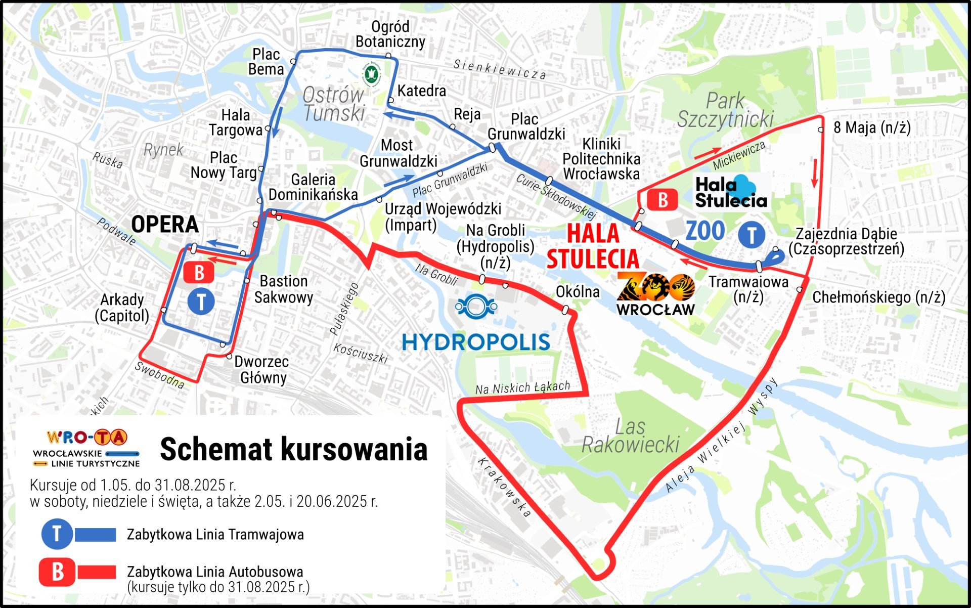 Mapa z przebiegiem linii turystycznych  T i B