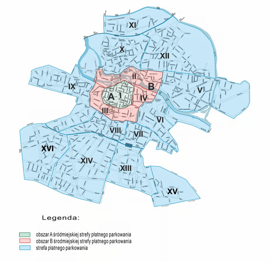 Mapa przedstawia obszar stref płatnego parkowania