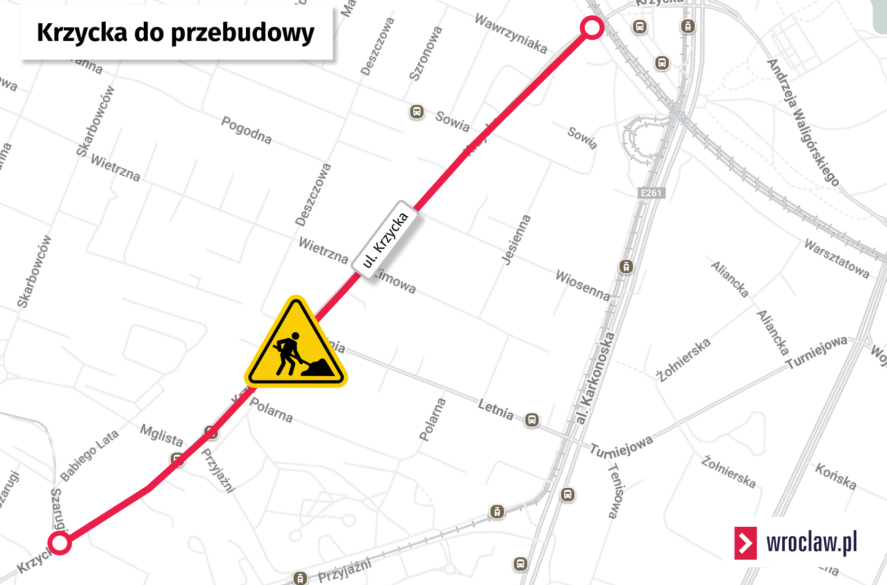 Mapa przedstawia remontowany odcinek ulicy Krzyckiej