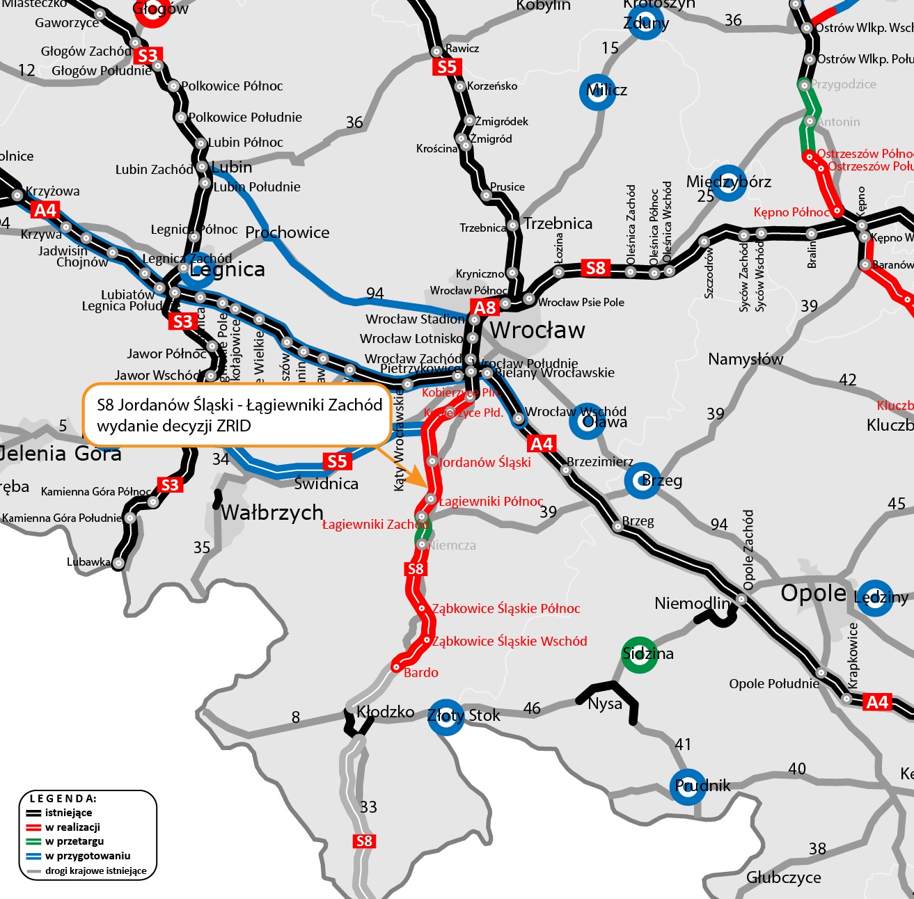 Mapa przedstawia odcinki drogi S8 niegnące na południe od Wrocławia