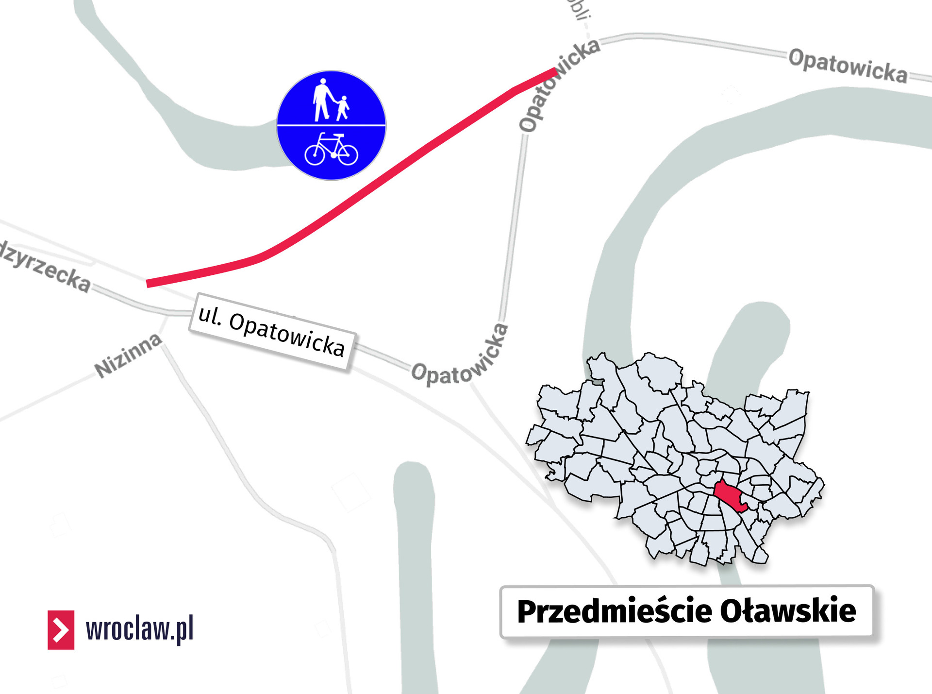 Mapa przedstawiająca planowany przebieg ścieżki pieszo-rowerowej w rejonie ulic Międzyrzeckiej i Opatowickiej we Wrocławiu.