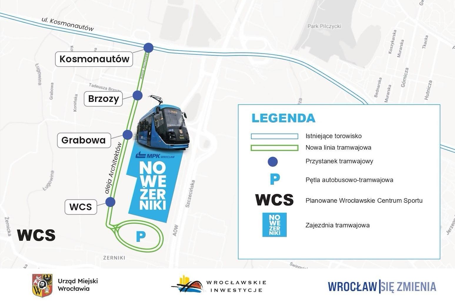 Mapa przedstawia przebieg torowiska od ul. Kosmonautów