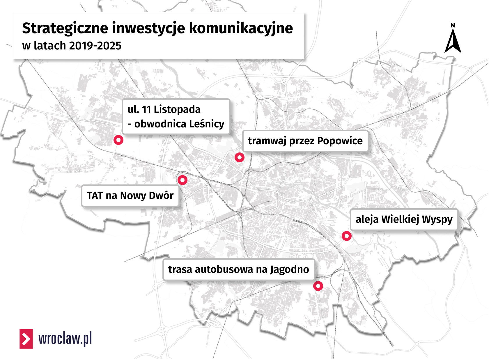 Mapa przedstawia lokalizacje strategicznych inwestycji komunikacyjnych