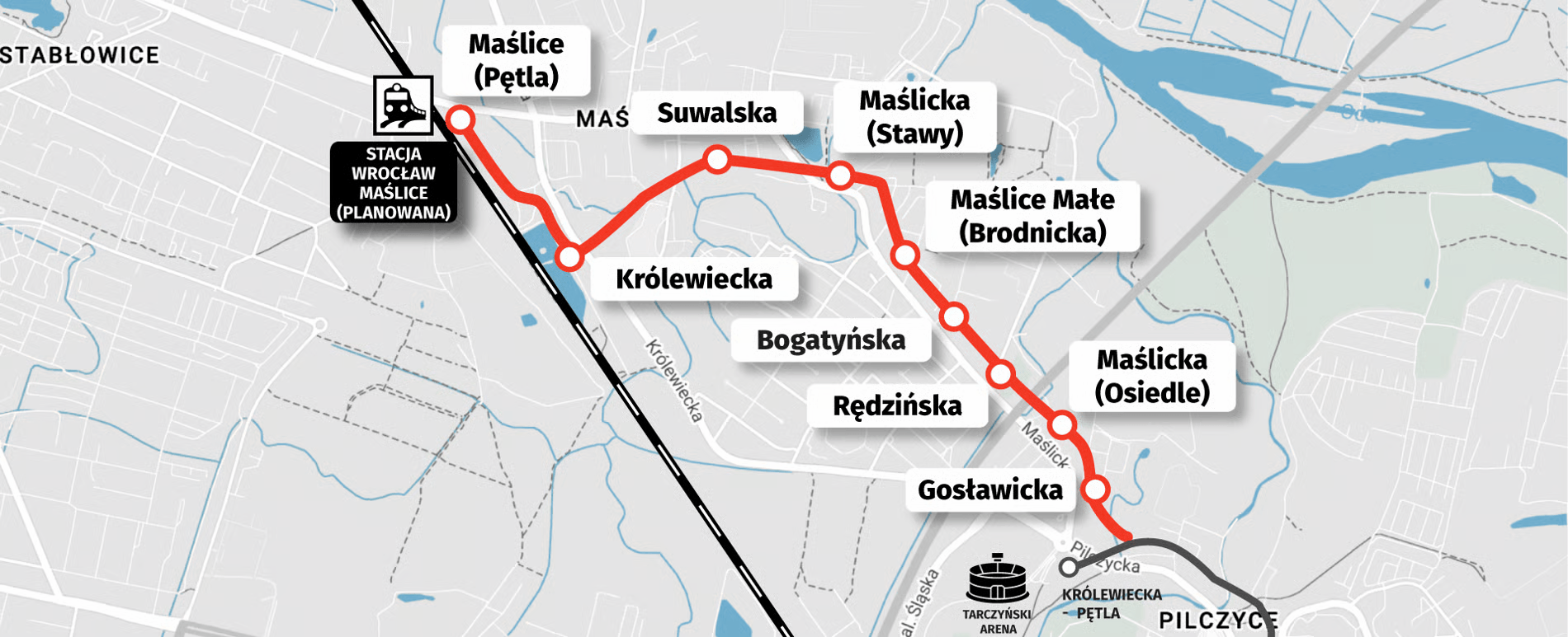 Mapa przedstawia trasę tramwaju na Maślice