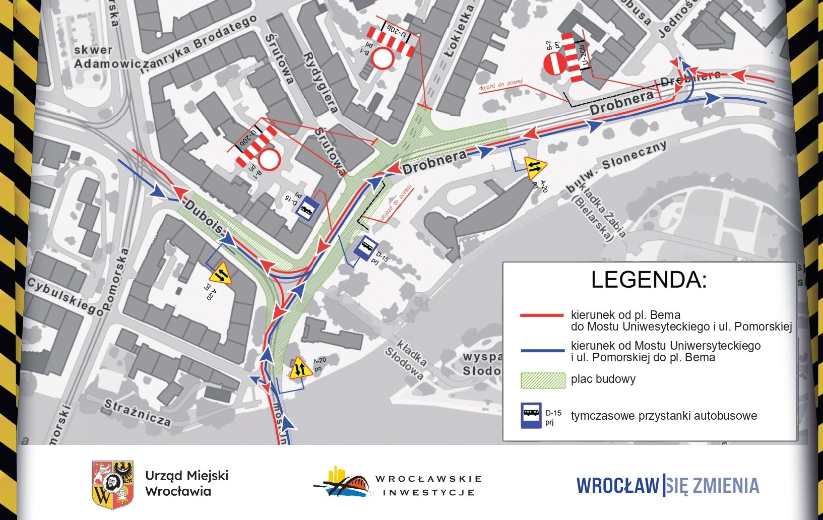 Mapa przedstawia zmiany w ruchu w związku z inwestycją na Drobnera i Dubois