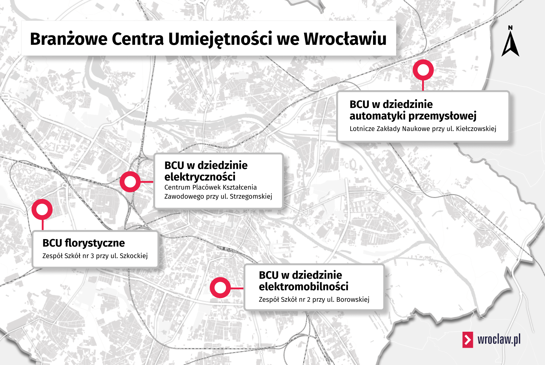 Branżowe Centra Umiejętności we Wrocławiu, mapa z lokalizacjami