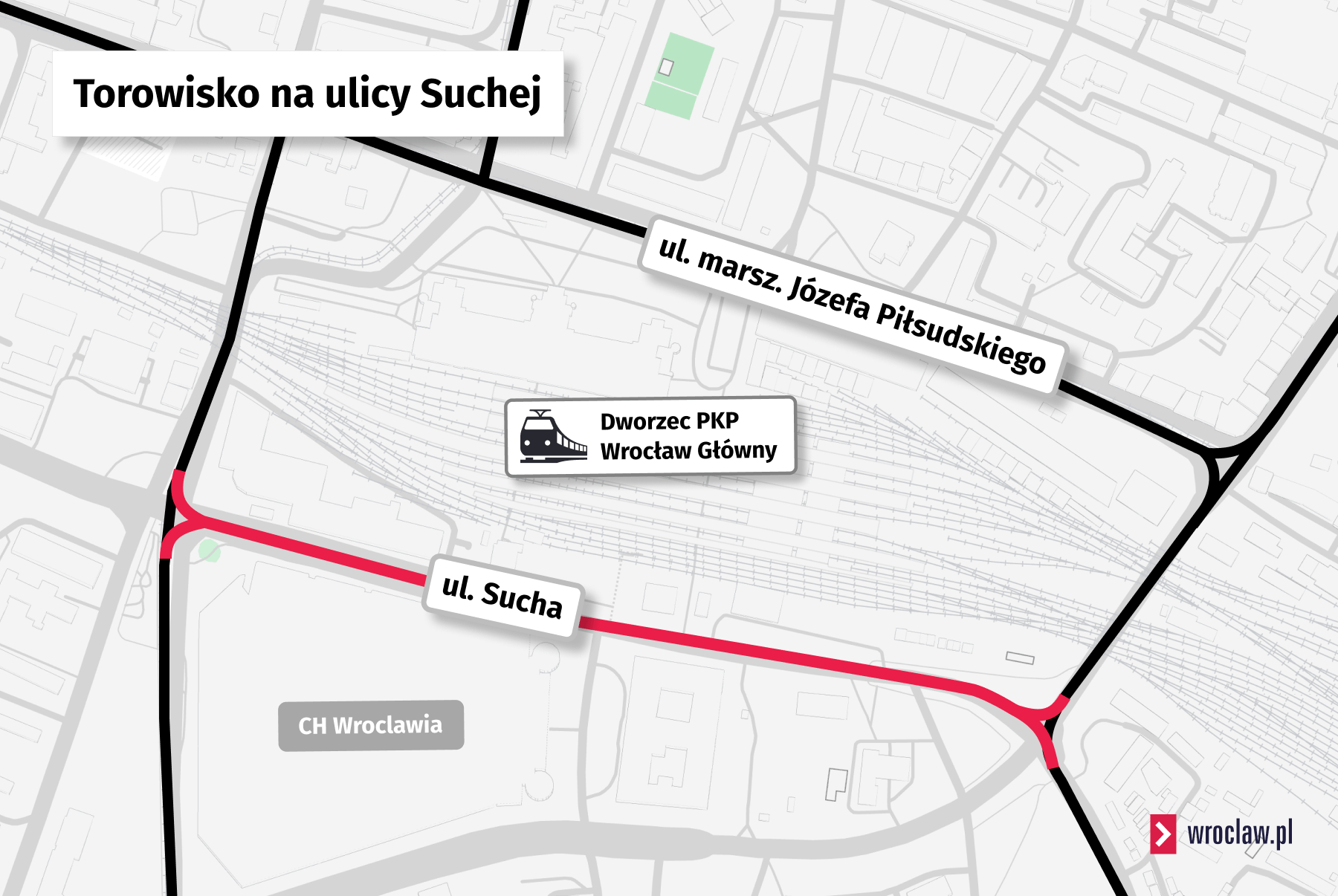 Mapa przedstawia torowisko na ulicy Suchej