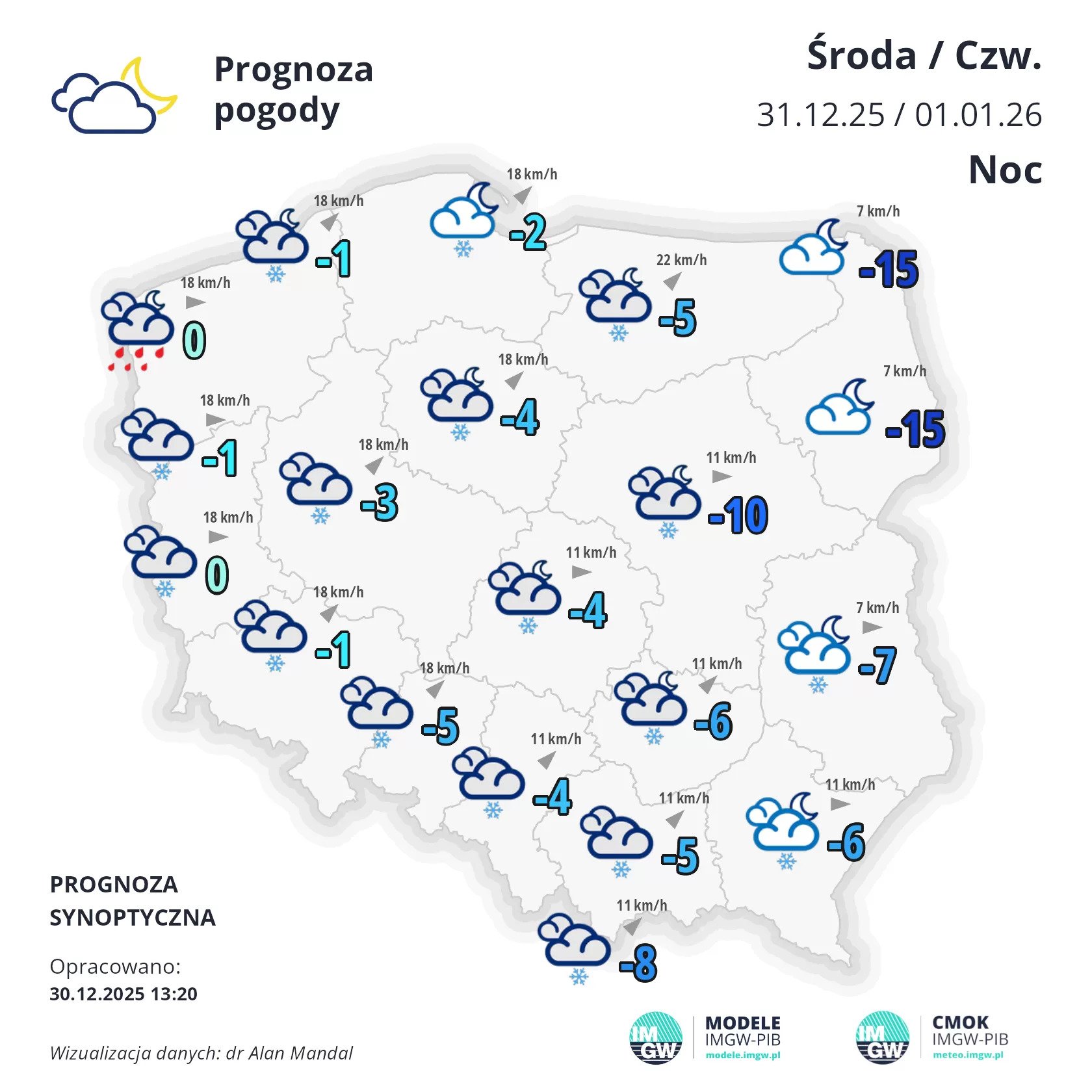 Mapa z prognozą pogody na noc z 31.12.2025 na 1.01.2026