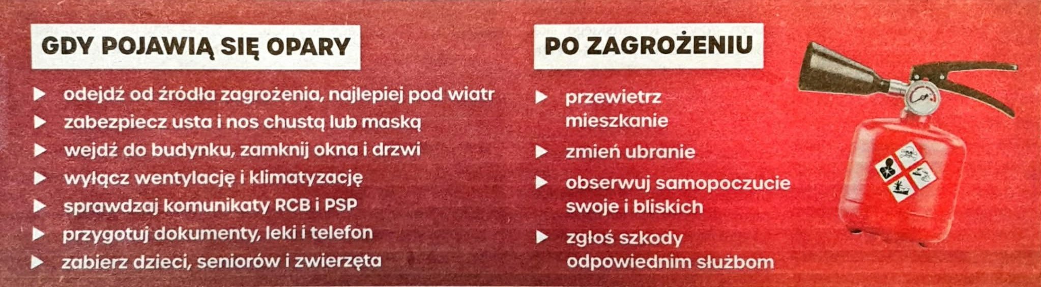 Grafika opisująca 7 punktów listy kontrolnej pt. "Gdy pojawią się opary":  odejdź od źródła zagrożenia, najlepiej pod wiatr, zabezpiecz usta i nos chustą lub maską, wejdź do budynku, zamknij okna i drzwi, wyłącz wentylację i klimatyzację, sprawdzaj komunikaty RCB i PSP, przygotuj dokumenty, leki i telefon, zabierz dzieci, seniorów i zwierzęta. Cztery punkty do wykonania z listy "Po zagrożeniu": przewietrz mieszkanie, zmień ubranie, obserwuj samopoczucie swoje i bliskich, zgłoś szkody odpowiednim służbom. Z prawej strony ramki - czerwona gaśnica.