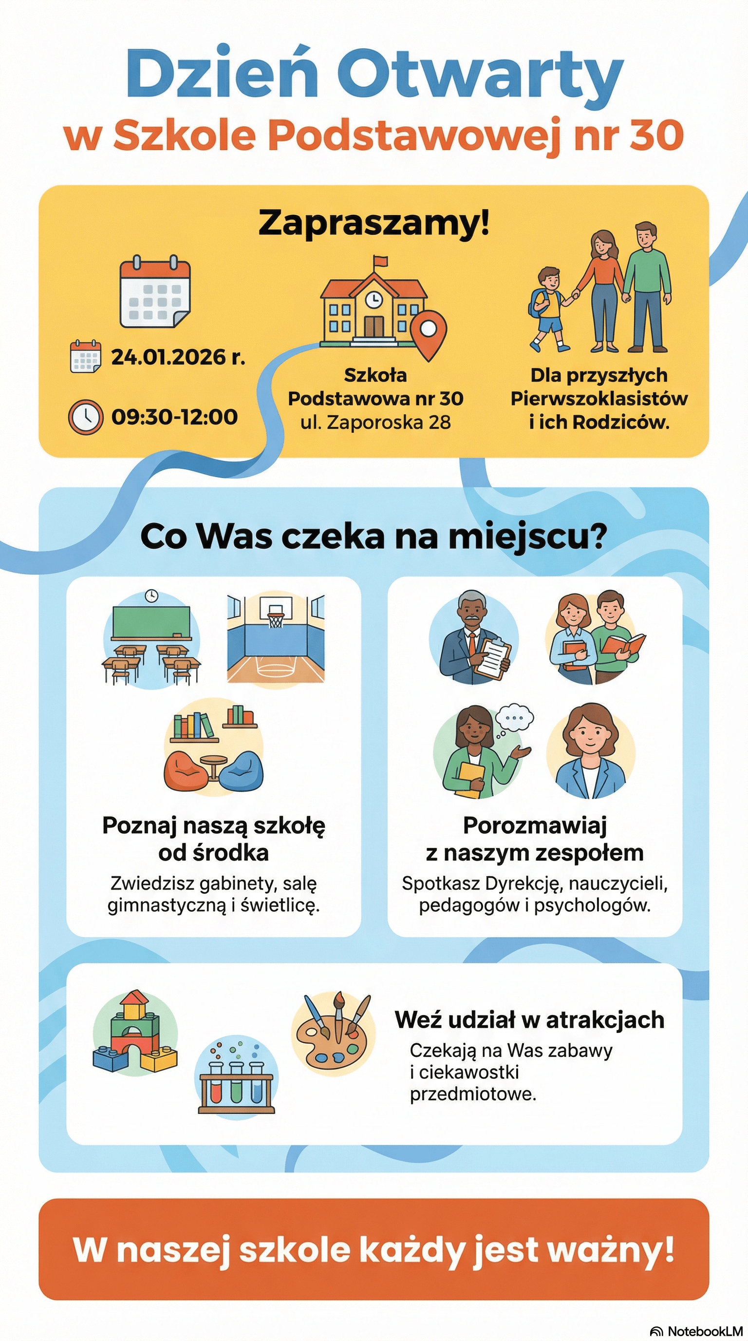 Plakat dnia otwartego w SP nr 30 przy ul. Zaporoskiej we Wrocławiu - zaproszenie na sobotę, 24 stycznia 2026 r.