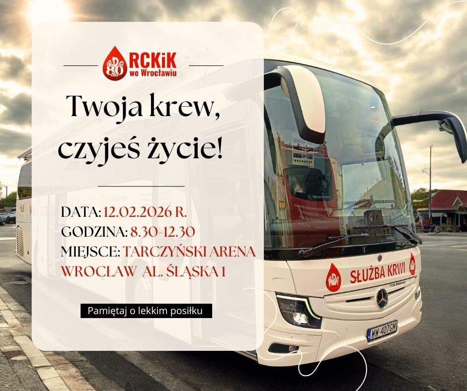 ''Twoja krew, czyjeś życie''. Plakat informujący o akcji krwiodawstwa - 12 lutego przed stadionem Tarczyński Arena