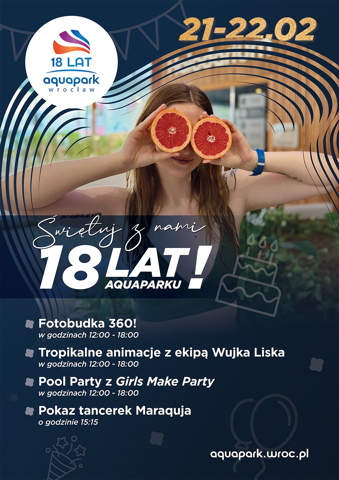 Plakat informujący o wydarzeniach w Aquaparku - w weekend 21-22 lutego