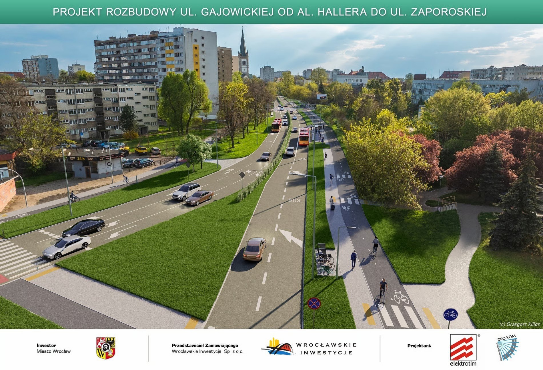 Wizualizacja przedstawia przebudowaną ulicę Gajowicką od strony Zaporoskiej