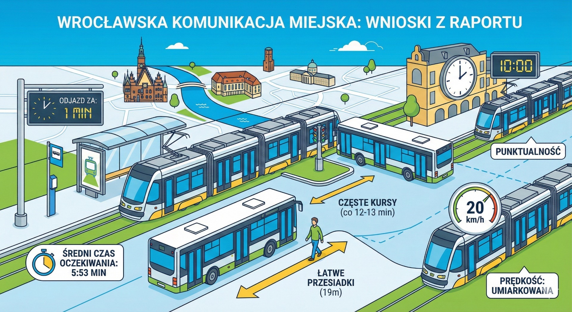 Grafika przedstawia informacje o wrocławskiej komunikacji miejskiej zawarte w raporcie "Miasta w ruchu" przygotowanym przez Jakdojade