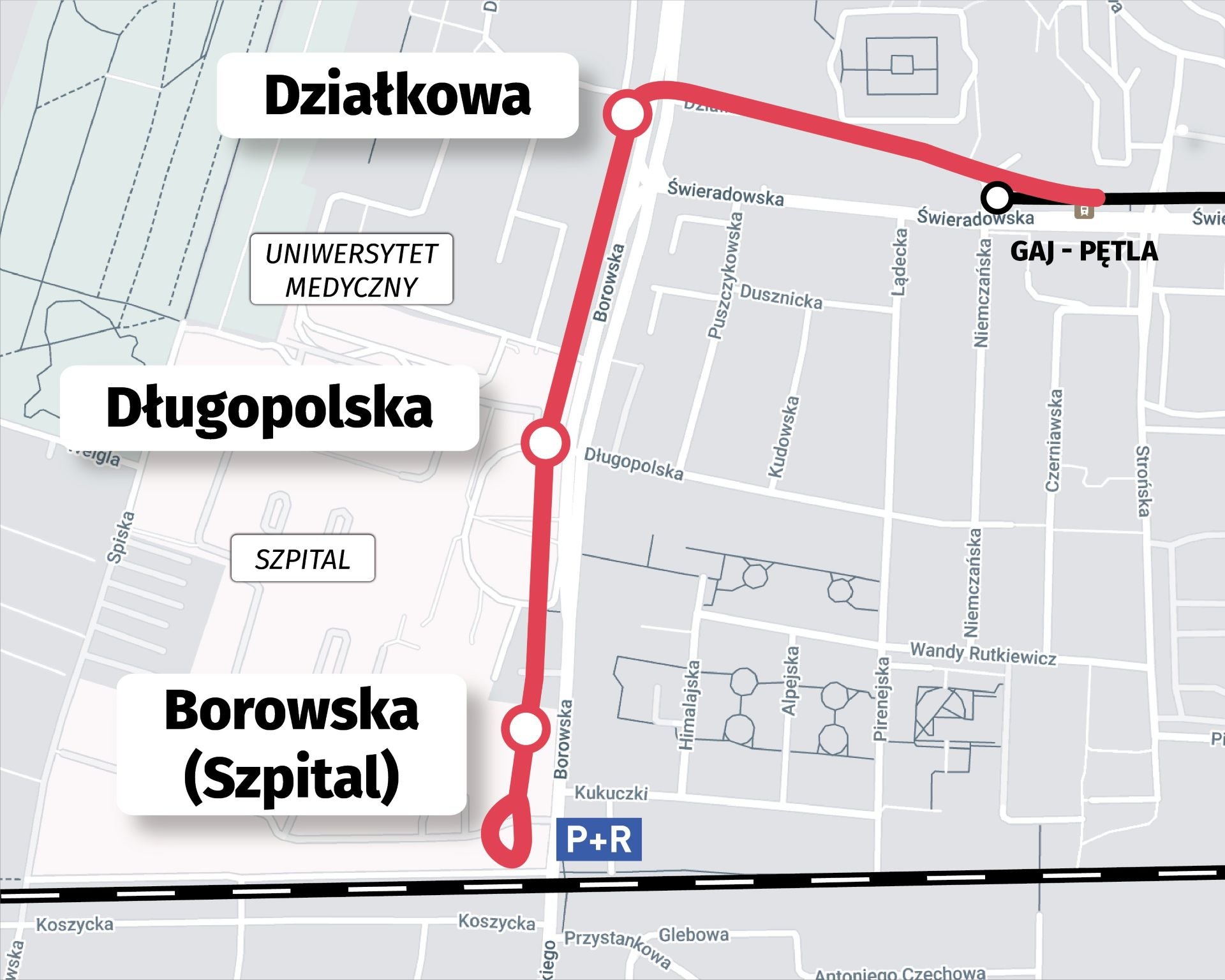 Mapa przedstawia trasę tramwaju do szpitala przy Borowskiej
