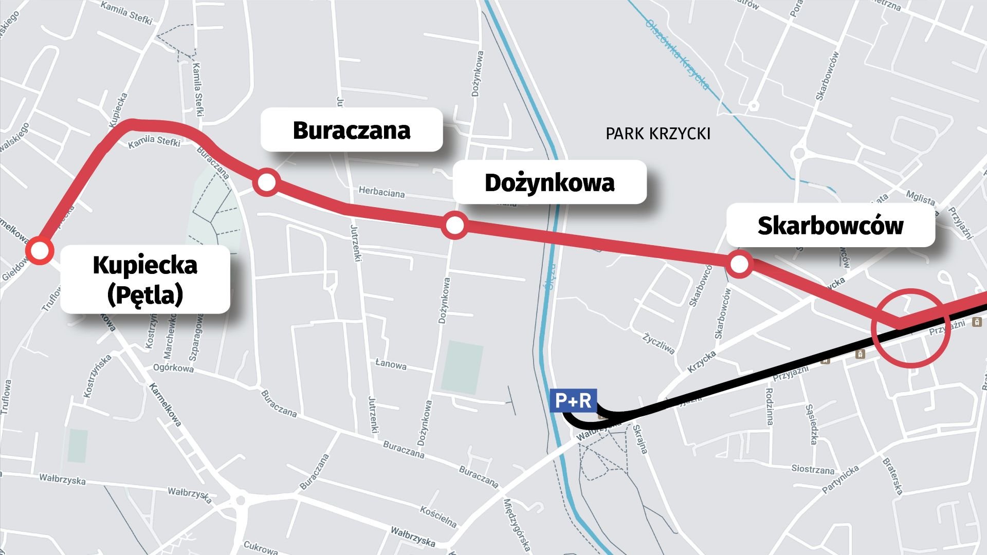 Mapa przedstawia trasę tramwaju na Klecinę