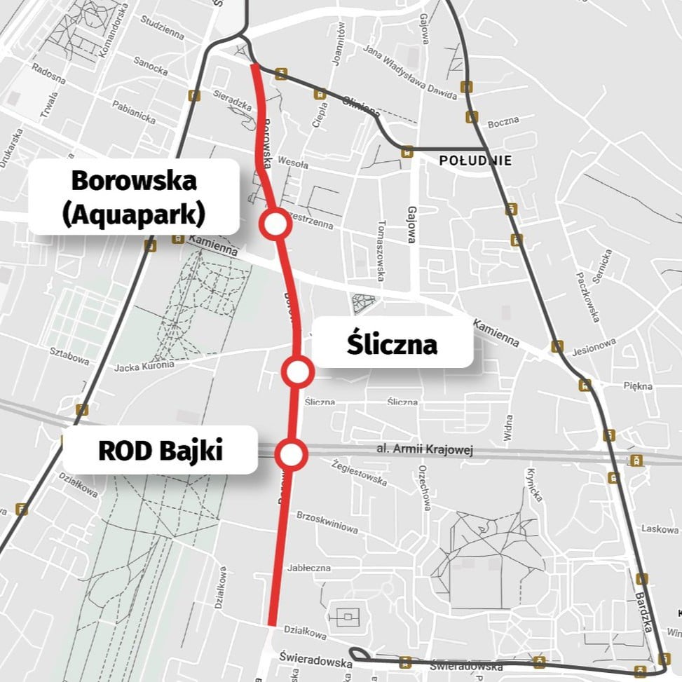 Mapa przedstawia trasę tramwaju przez ul. Borowską do centrum