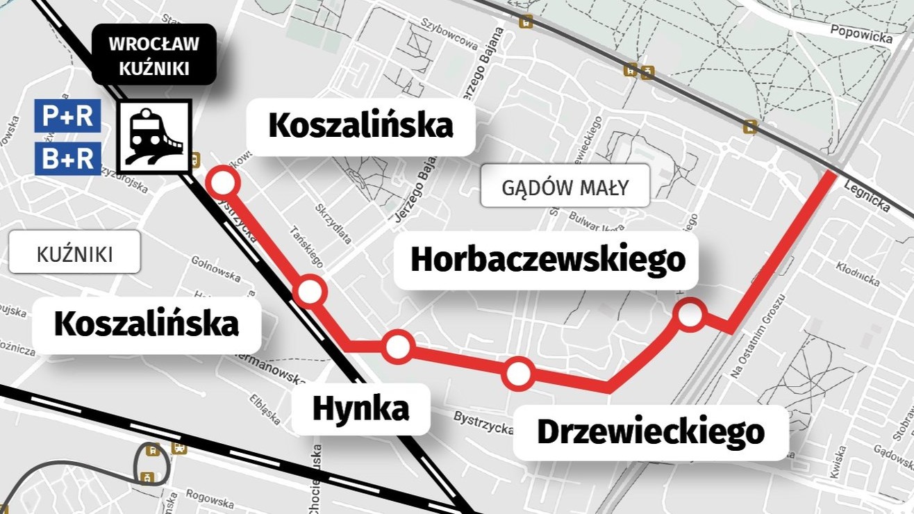 Mapa przedstawia trasę tramwaju na Gądów