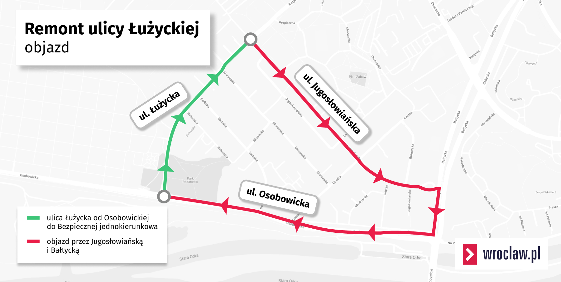 Mapa przedstawia objazd ulicy Łużyckiej