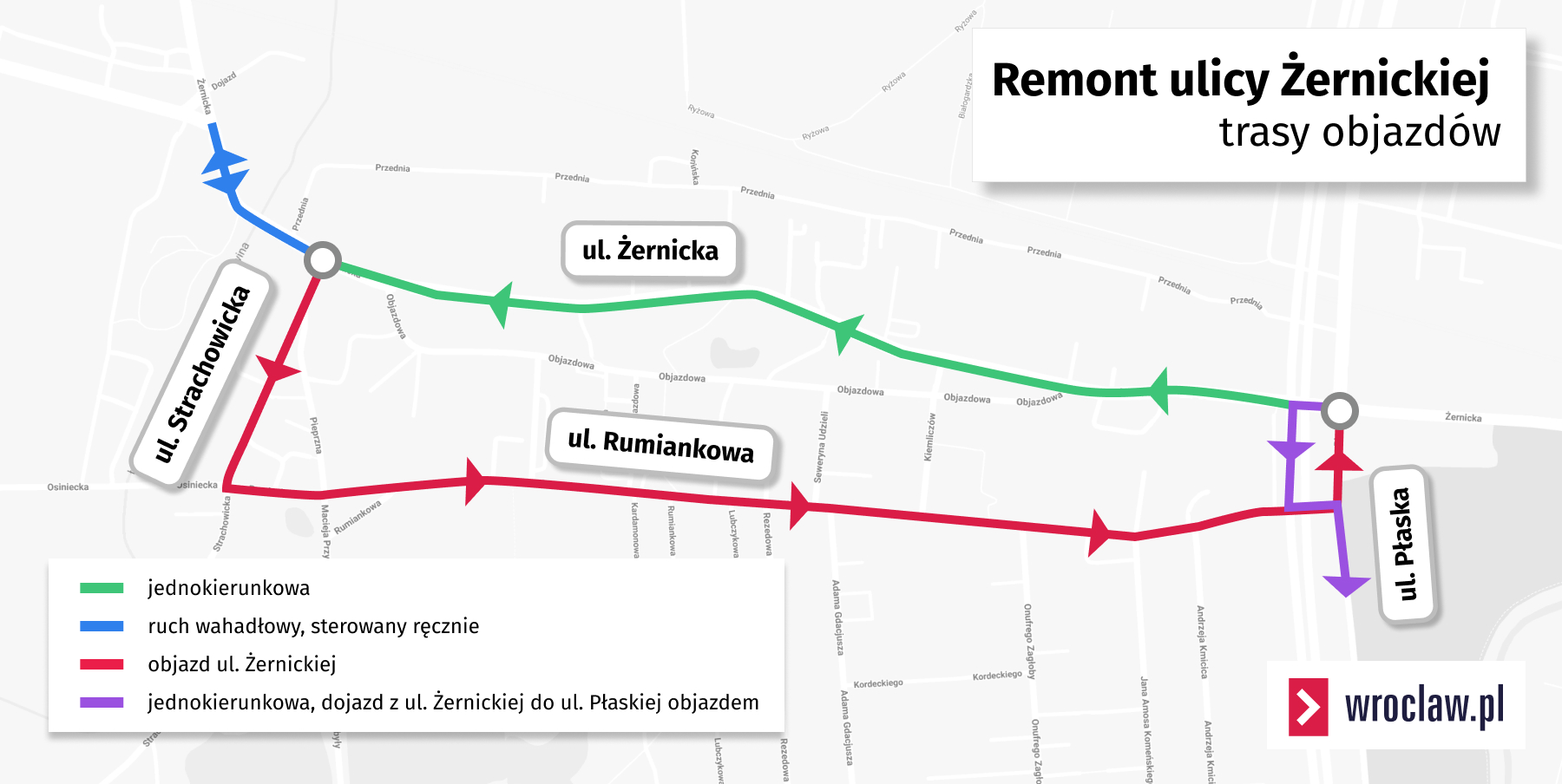 Mapa przedstawia objazd ulicy Żernickiej