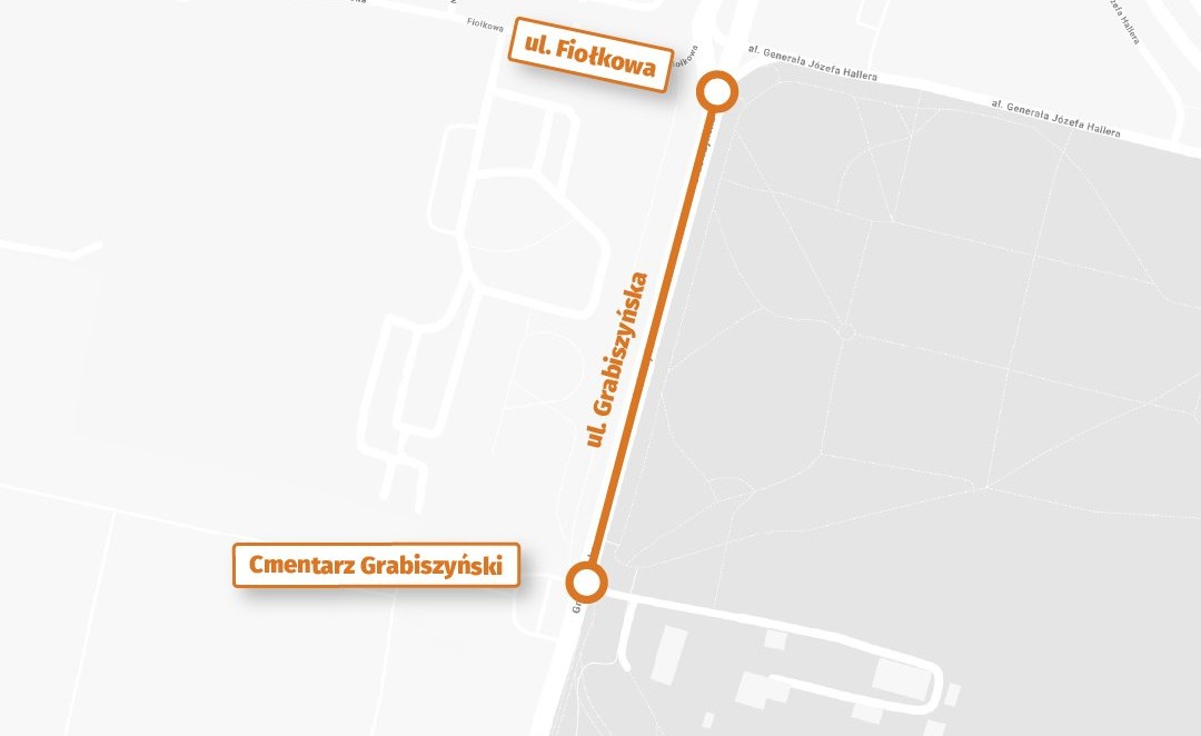 Mapa przedstawia remontowany odcinek ulicy Grabiszyńskiej