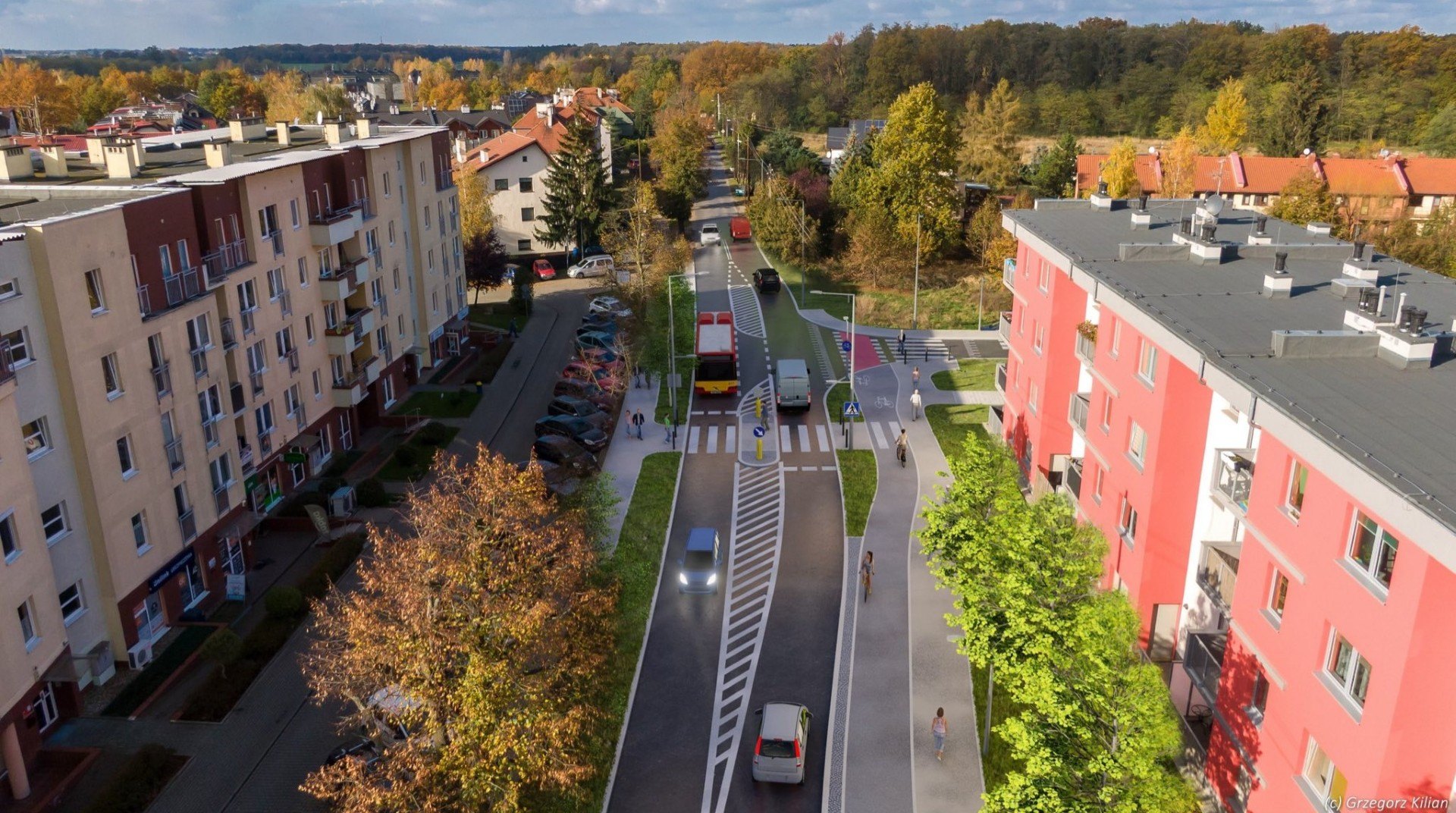 Wizualizacja przedstawia ulicę Dolnobrzeską w rejonie skrzyżowania z Polkowicką po przebudowie