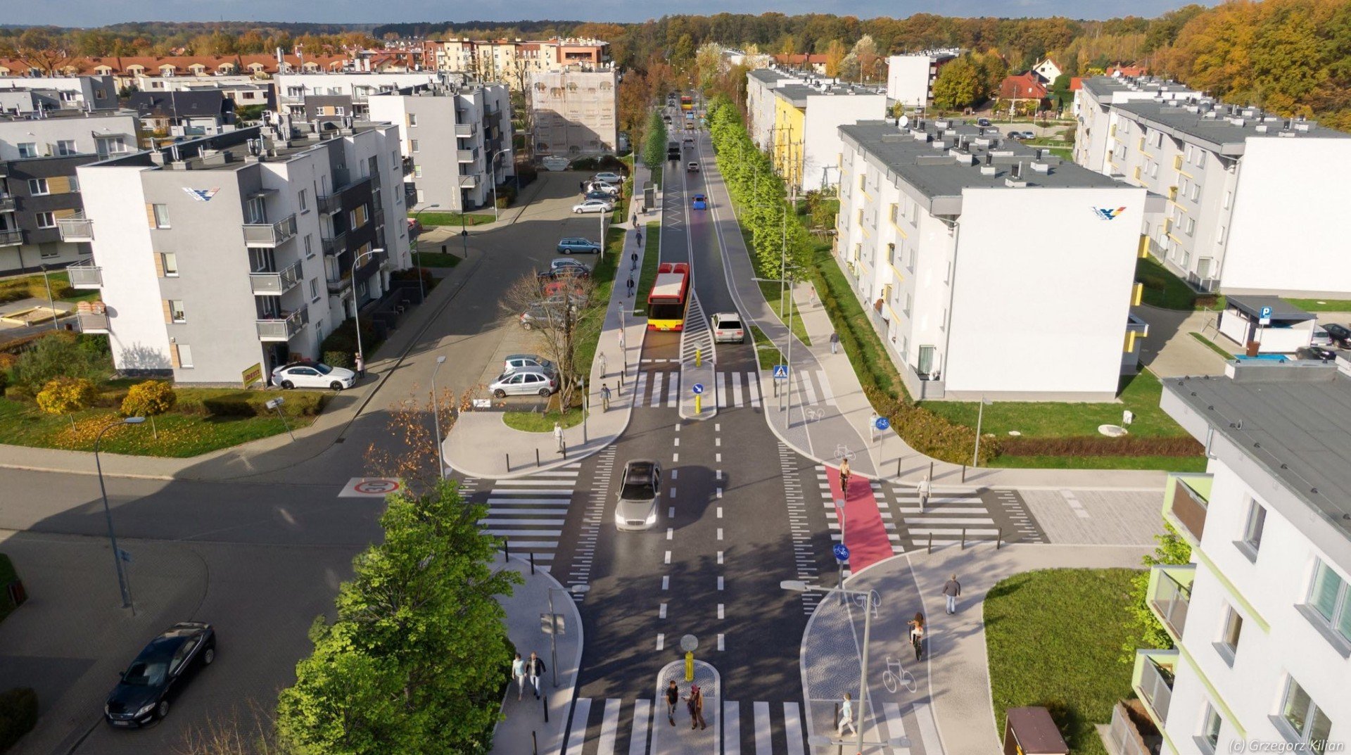 Wizualizacja przedstawia ulicę Dolnobrzeską w rejonie skrzyżowania z Prochowicką po przebudowie