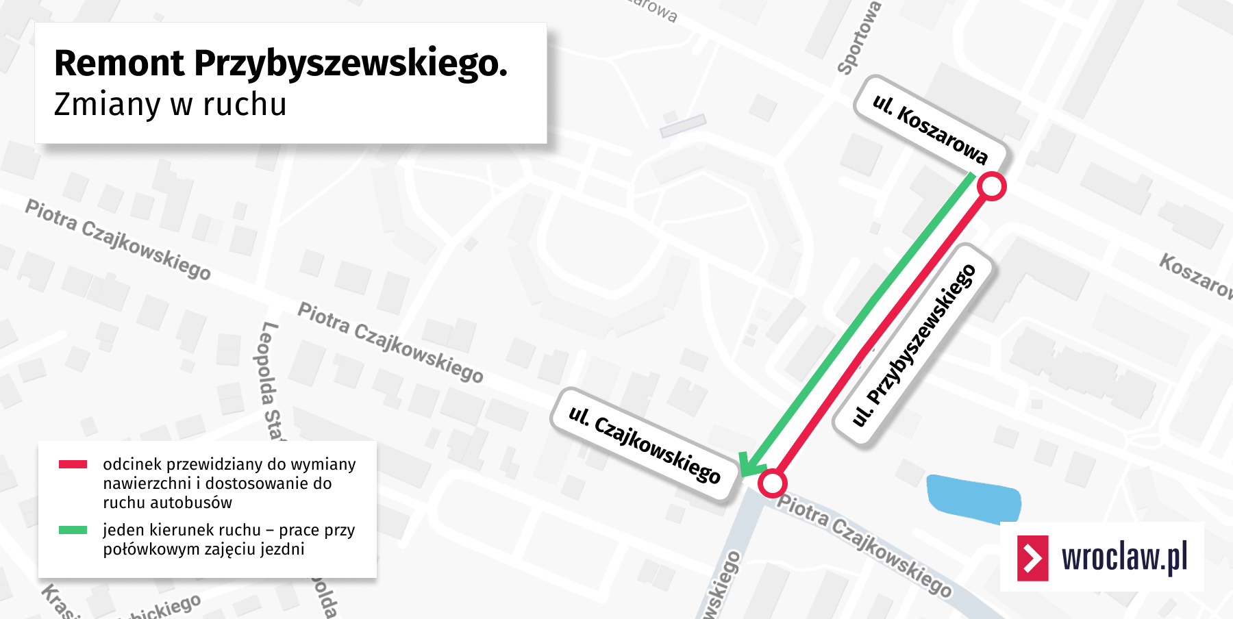 <p>Mapa przedstawia remontowany odcinek ulicy Przybyszewskiego</p>