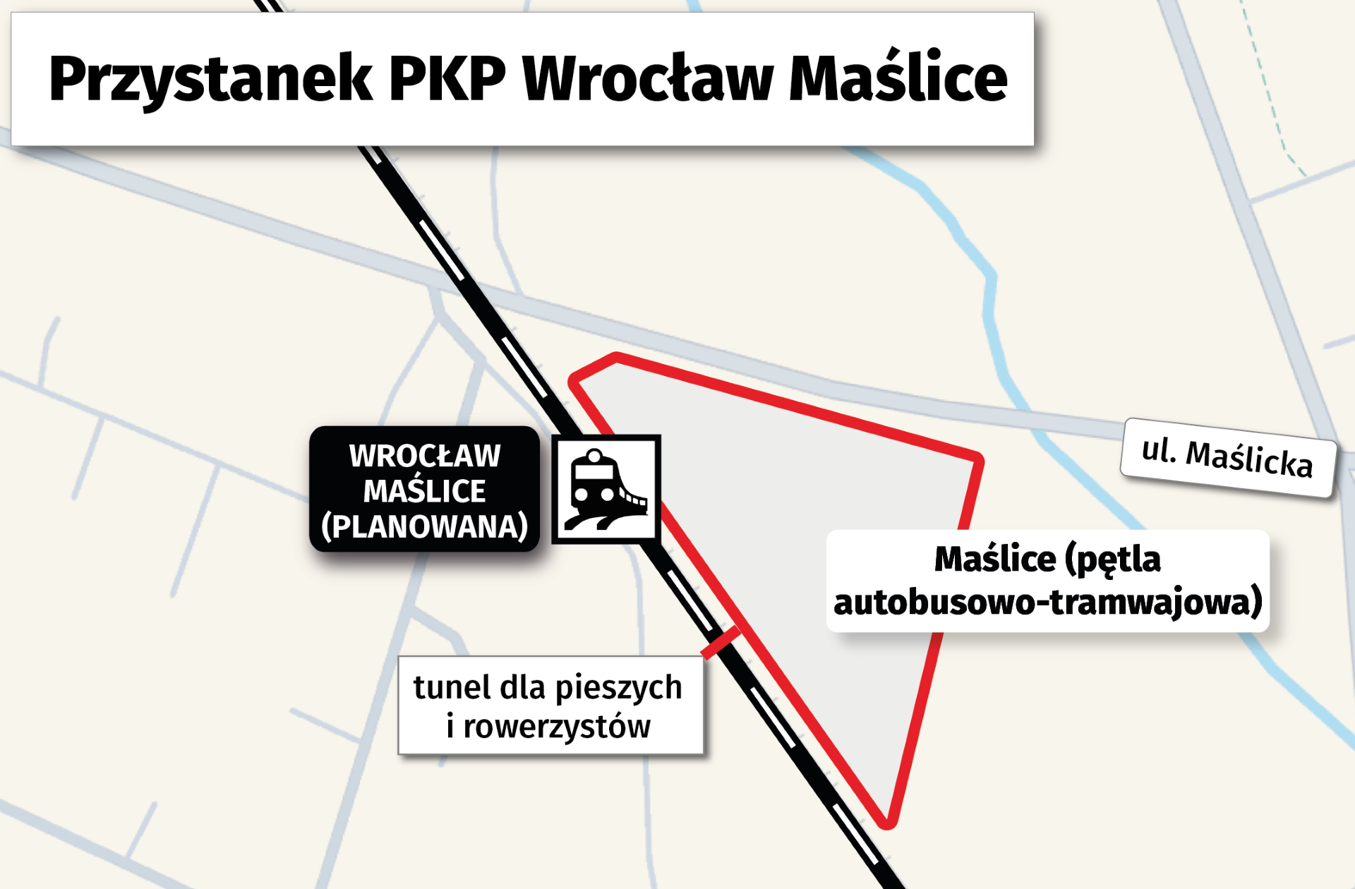 Mapa przedstawia lokalizację węzła przesiadkowego z przystankiem kolejowym Wrocław Maślice