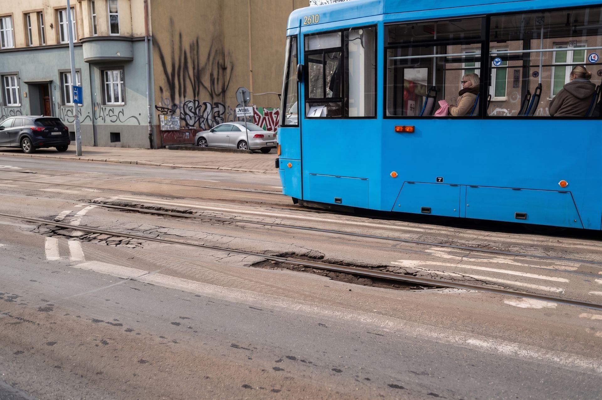 Powiększ obraz: Tramwaj jadący ulicą Trzebnicką