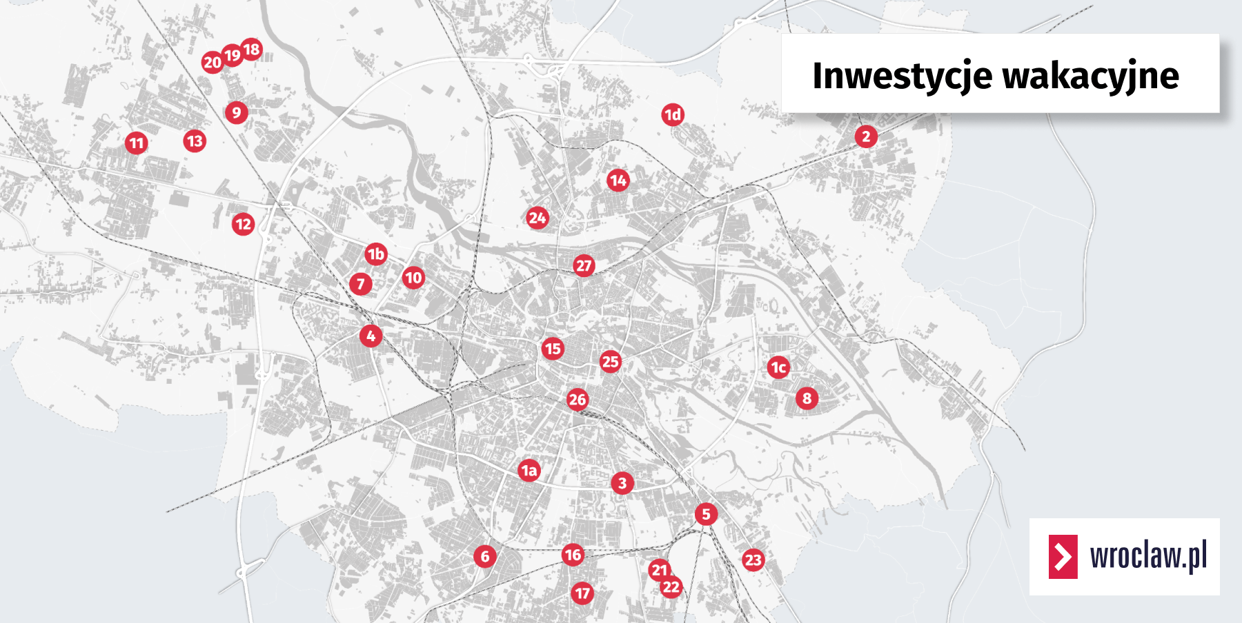 Powiększ obraz: Mapa przedstawia lokalizacje wakacyjnych remontów, listę zaznaczonych ulic znajdziesz poniżej