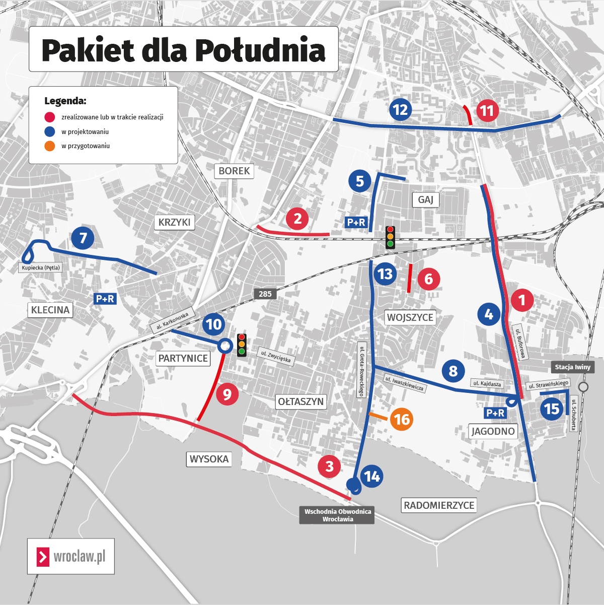 Powiększ obraz: <b>Mapa prezentuje wykaz inwestycji z Pakietu dla Południa. Kolorem czerwonym przedstawione są inwestycje zrealizowane i w trakcie realizacji. Niebieskim - w projektowaniu. Pomarańczowym - w przygotowaniu. W tekście przy opisach inwestycji są podane numery odpowiadające tym na mapie</b>