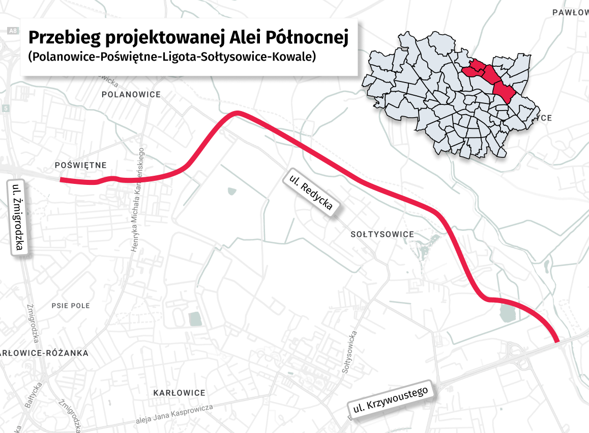 Powiększ obraz: Mapa przestawia przebieg projektowanego odcinka obwodnicy śródmiejskiej