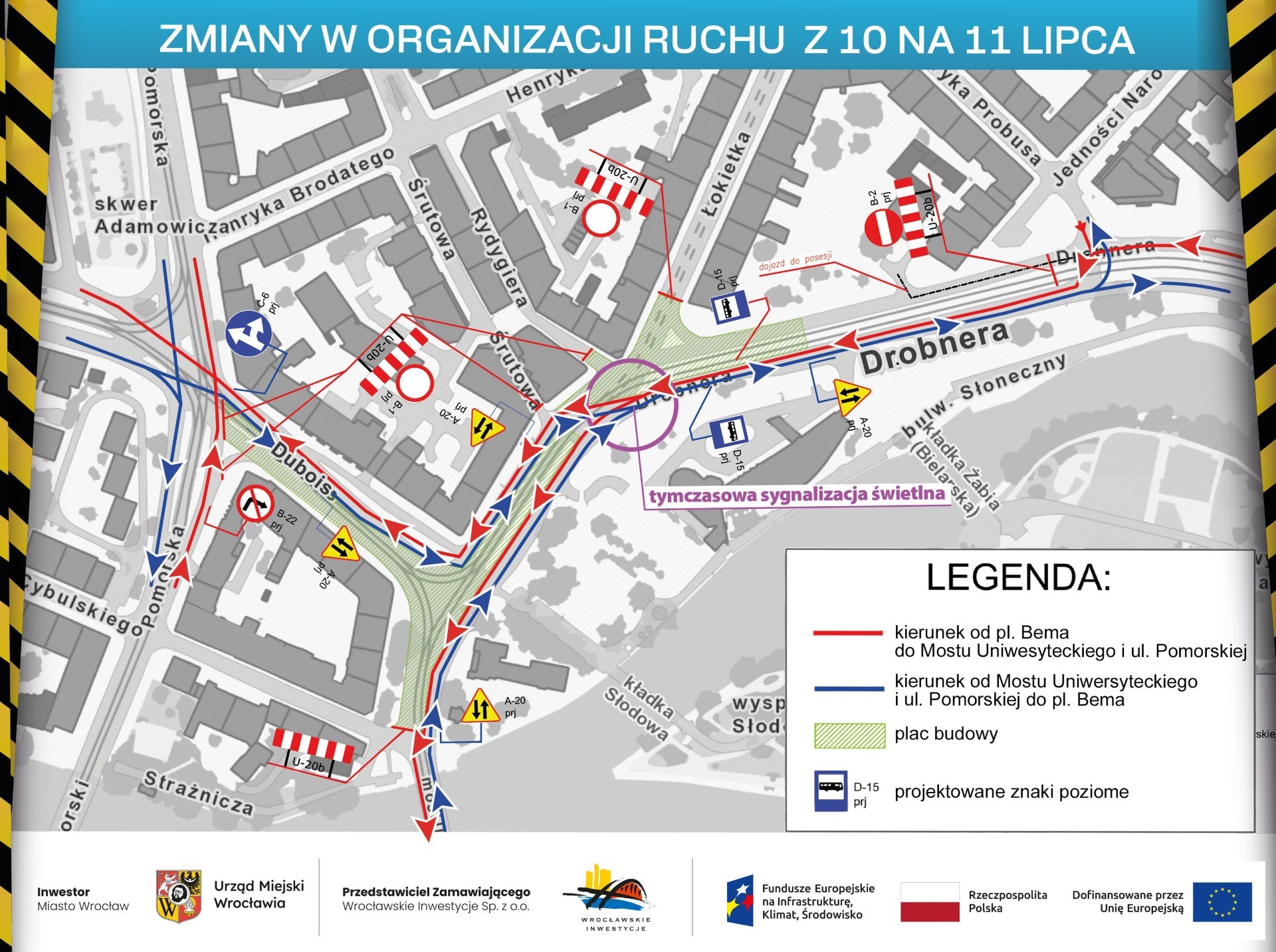 Powiększ obraz: Mapa przedstawia zmieniona organizację ruchu w rejonie Drobnera i Dubois