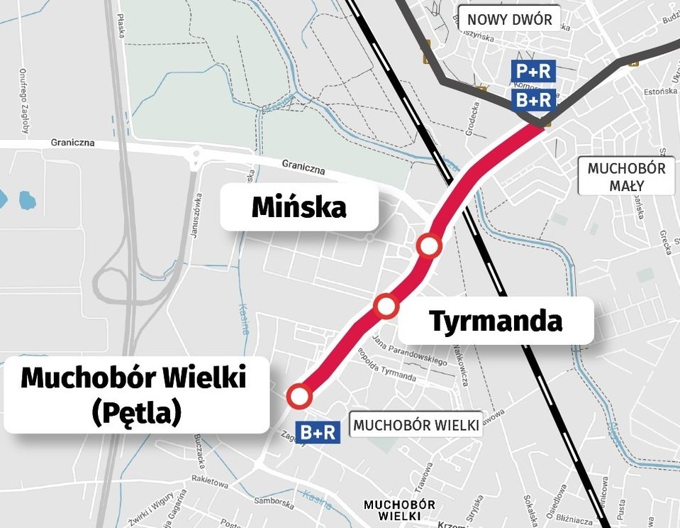 Powiększ obraz: Mapa przedstawia przebieg buspasa na Muchobór Wielki. Powstaje koncepcja trasy do Roślinnej wraz z włączeniem jej w Mińską przy Rondzie Chamcówny