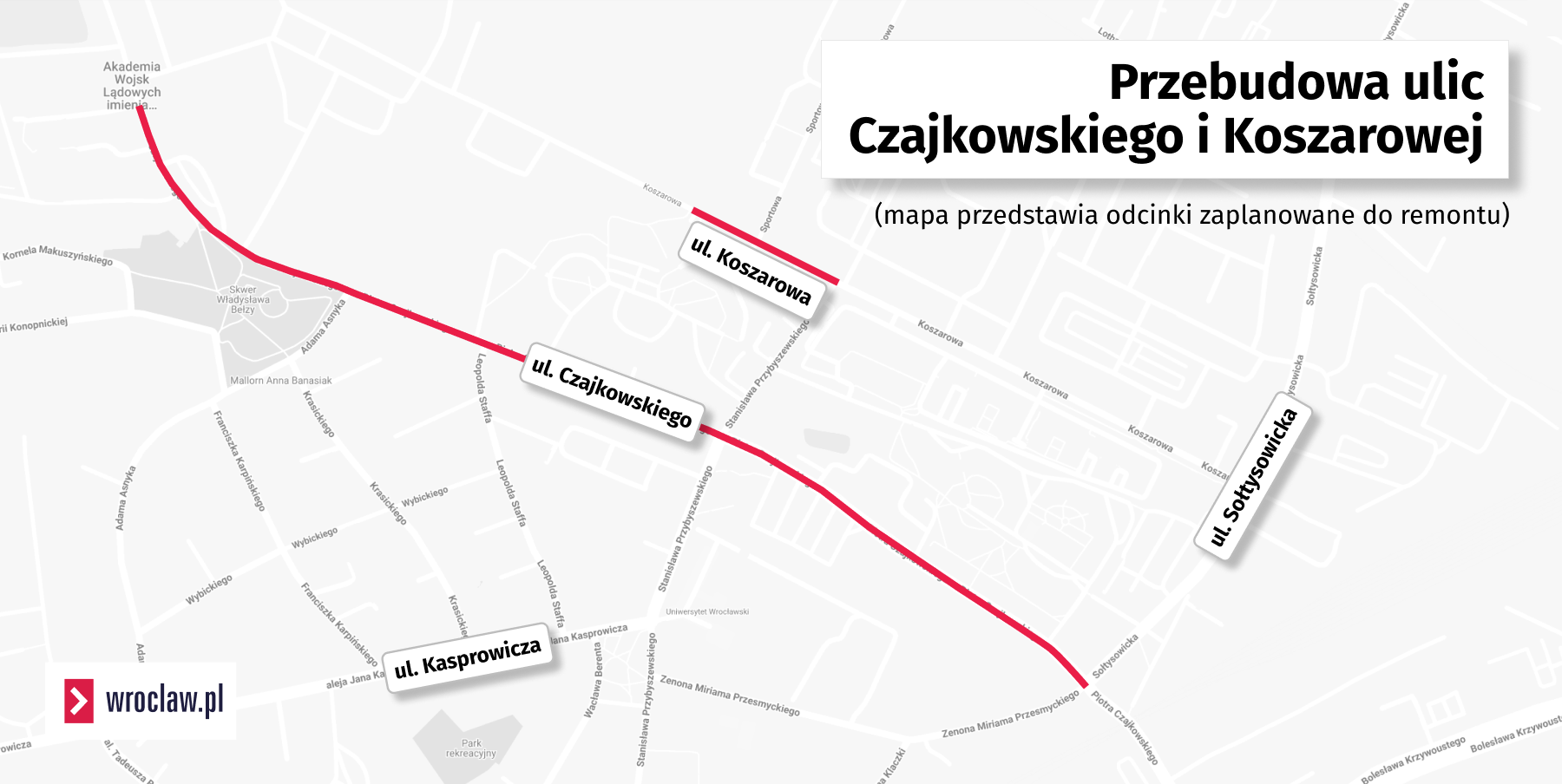 Powiększ obraz: Na mapie zaznaczone są odcinki ulic Czajkowskiego i Koszarowej, które będą przebudowane