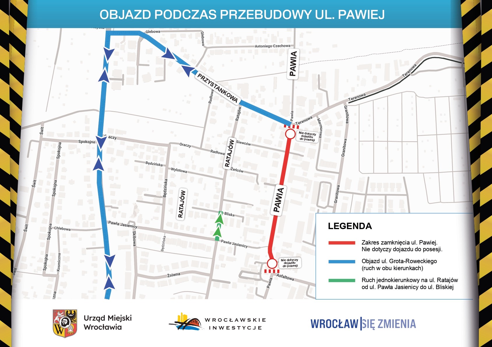 Powiększ obraz: Mapa przedstawia trasę objazdu zamkniętej na czas remontu ulicy Pawiej