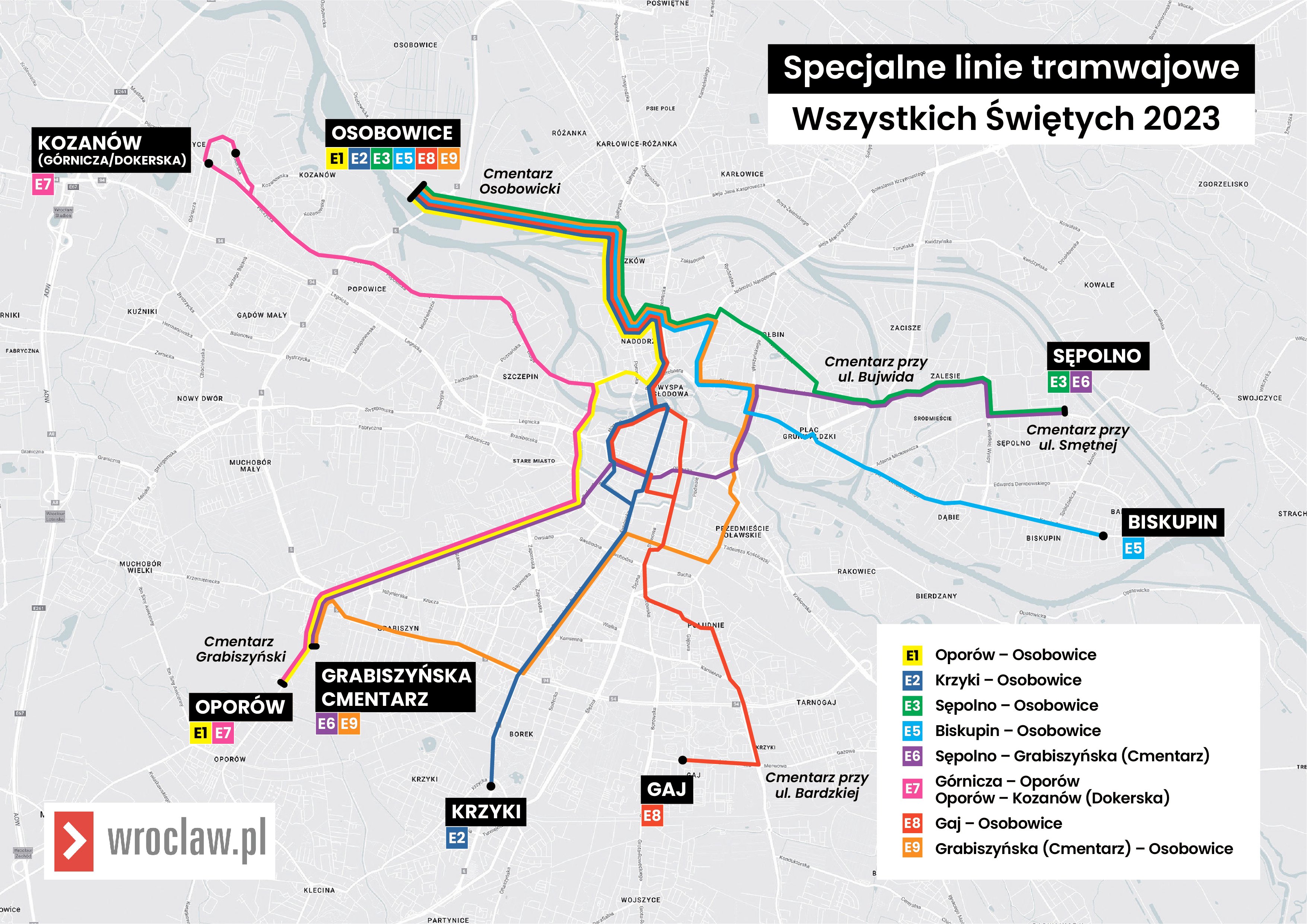 Powiększ obraz: 1 listopada 2023 - schemat specjalnych linii tramwajowych kursujących we Wszystkich Świętych.