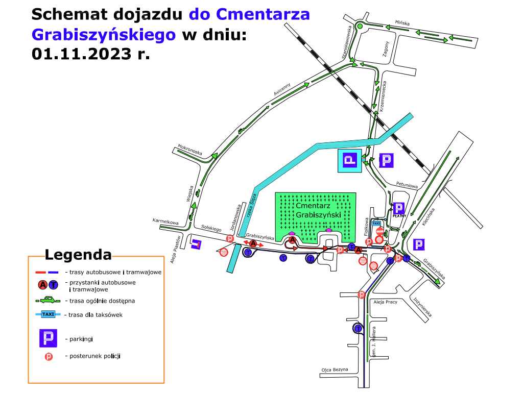 Powiększ obraz: Mapa przedstawiająca organizację ruchu w okolicach cmentarza.