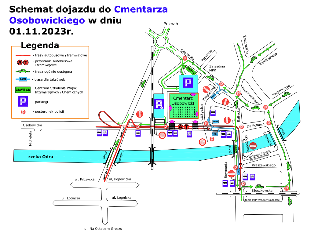 Powiększ obraz: Mapa przedstawiająca organizację ruchu w okolicach cmentarza.