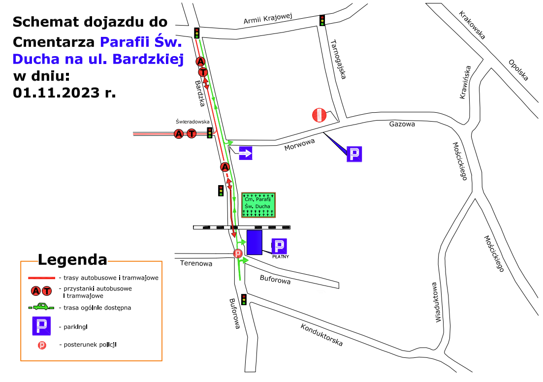 Powiększ obraz: Mapa przedstawiająca organizację ruchu w okolicach cmentarza.