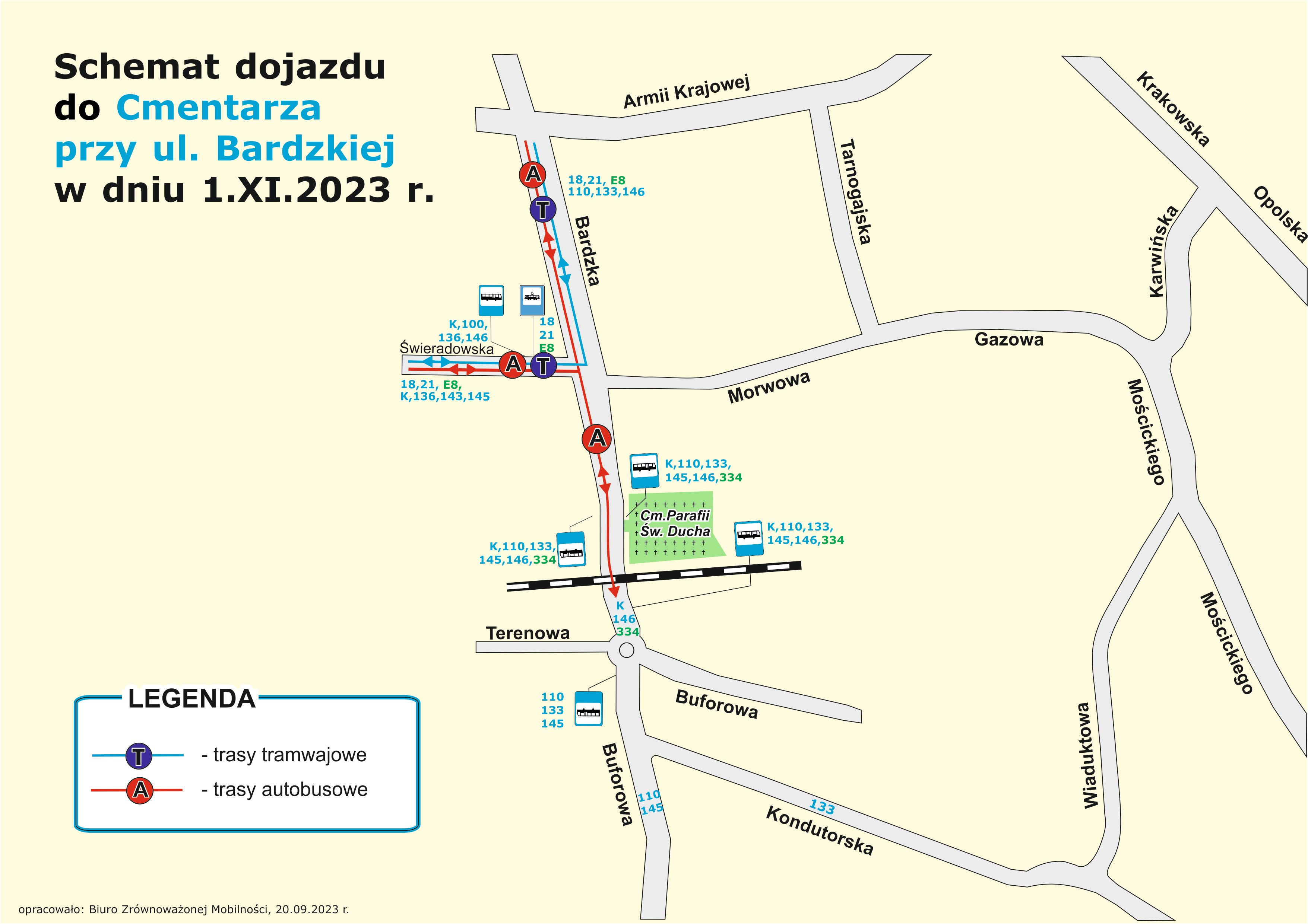 Powiększ obraz: Mapa dojazdu do cmentarza Ducha Świętego przy ul. Bardzkiej.
