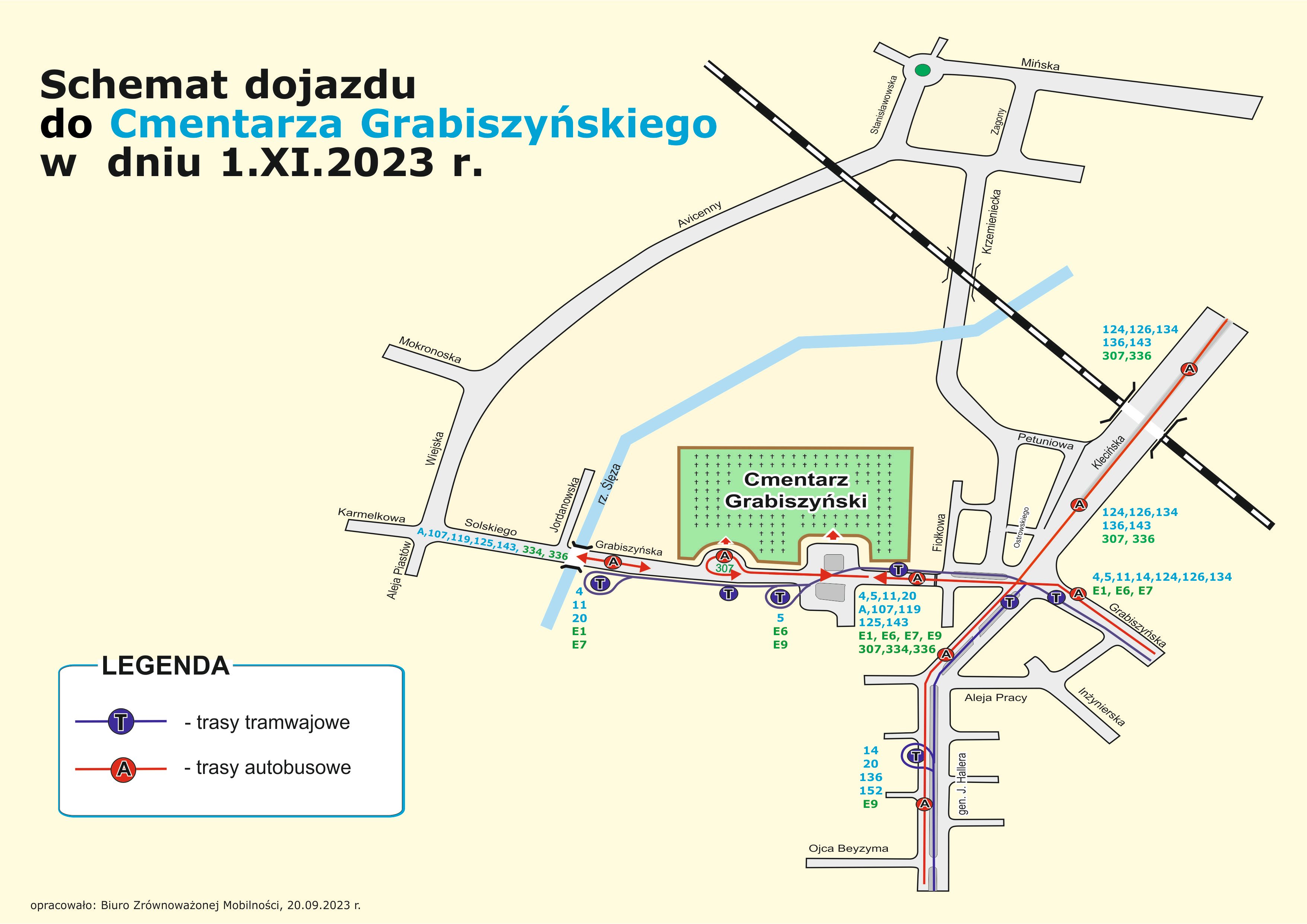 Powiększ obraz: Mapa przedstawiająca dojazd do cmentarza Grabiszyńskiego tramwajami i autobusami.