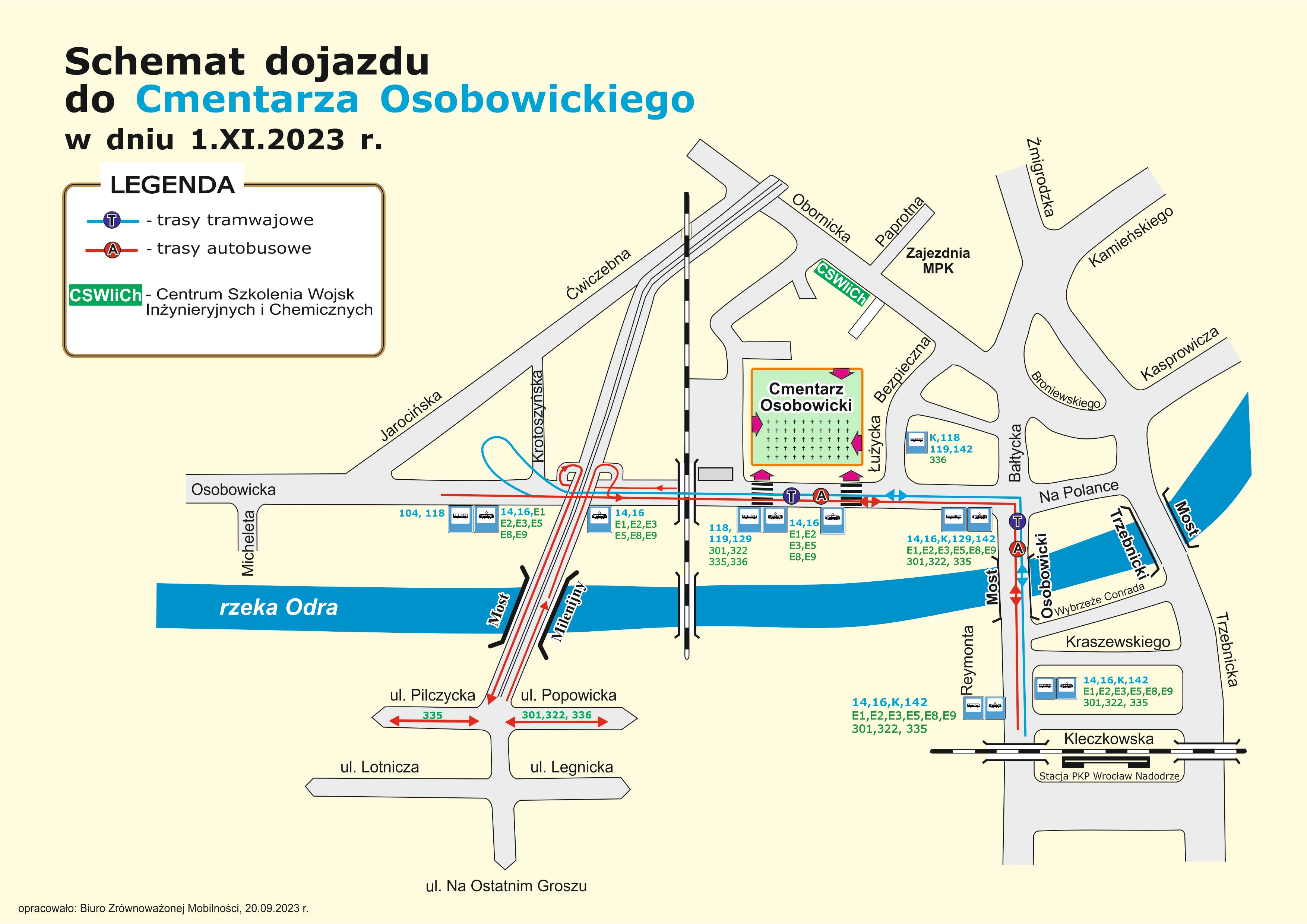 Powiększ obraz: Mapa przedstawia dojazd do cmentarza Osobowickiego tramwajami i autobusami.